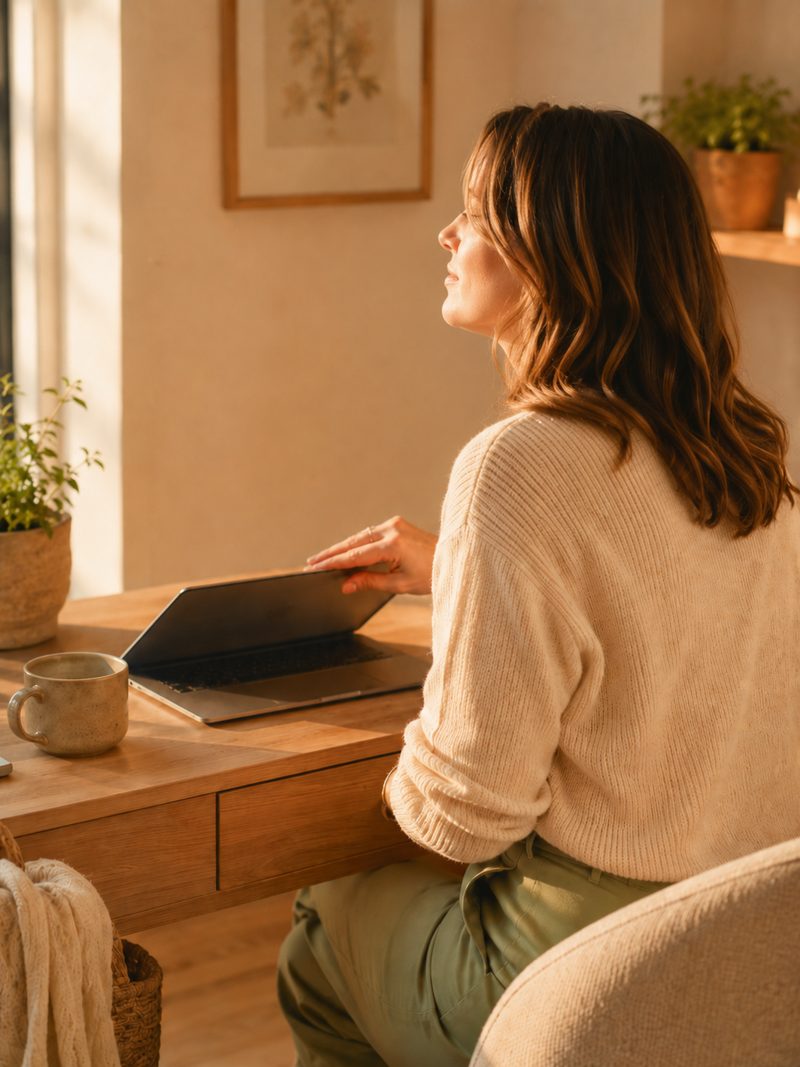 A therapist closing her laptop in golden evening light
