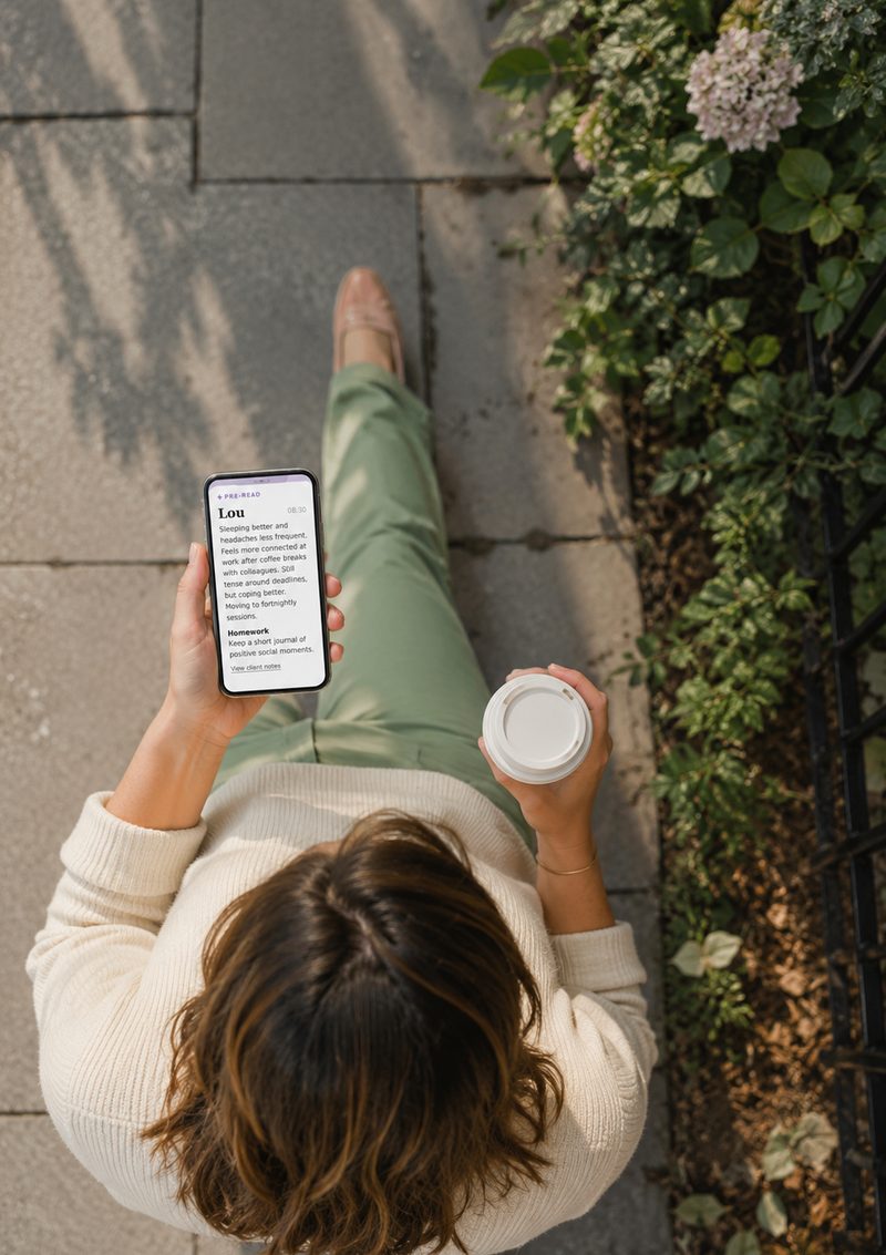 A therapist walking with a coffee, glancing at her Joy pre-read on her phone